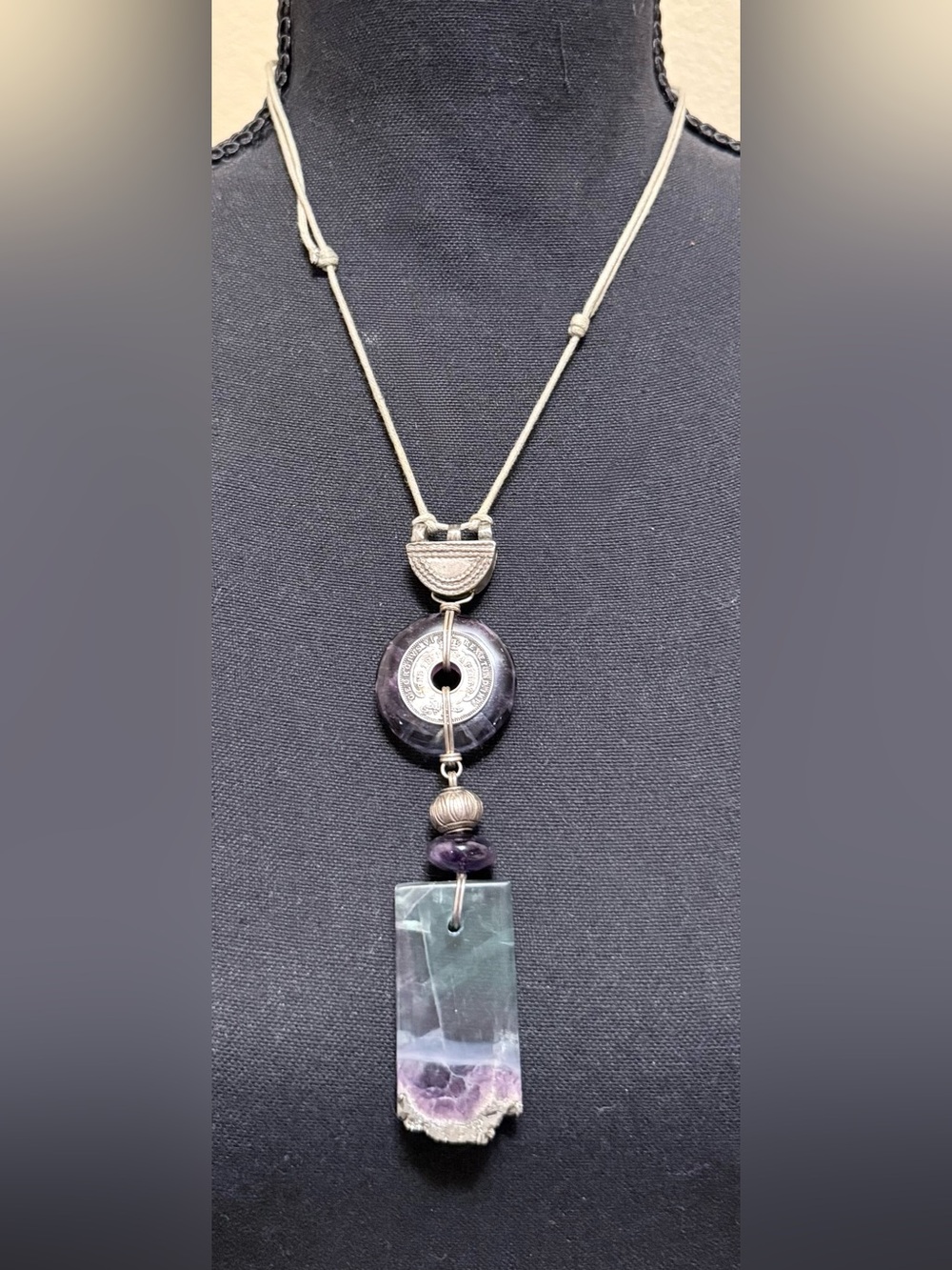 Corded Necklace with Metal and Glass